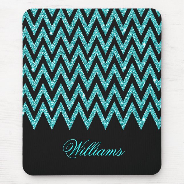 Tapis De Souris Cool chevron zigzag paon bleu faux parties scintil (Devant)