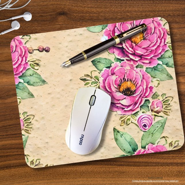 Tapis De Souris Cool rustique arrière - plan Fleurs roses Aquarell (Créateur téléchargé)