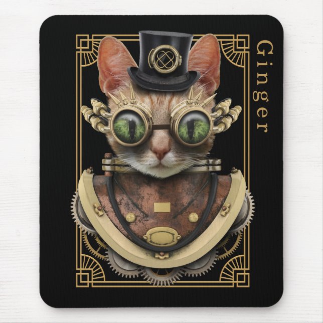 Tapis De Souris Cool Steampunk Orange Tabby Chat avec nom (Devant)
