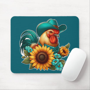 Tapis De Souris Coq avec chapeau sarcelle et tournesols