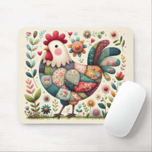 Tapis De Souris Coq en patchwork folklorique avec accents floraux