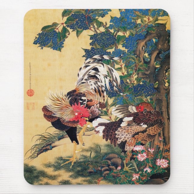 Tapis De Souris Coq et Hen avec Hydrangeas par Ito Jakuchu (Devant)