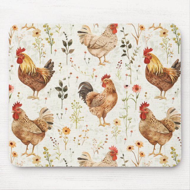 Tapis De Souris Coqs de ferme Poules Fleurs (Devant)