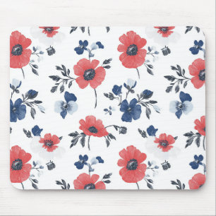 Tapis De Souris Coquelicot de corail Navy Blue Floral Botanique