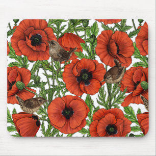Tapis De Souris Coquelicots rouges et roitelets, feuilles vertes s