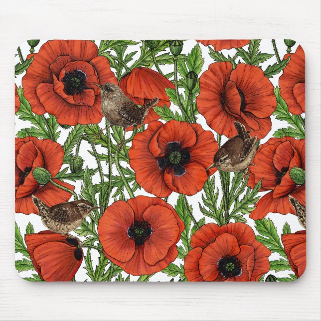 Tapis De Souris Coquelicots rouges et roitelets, feuilles vertes s (Devant)