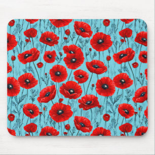 Tapis De Souris Coquelicots rouges sur fond bleu