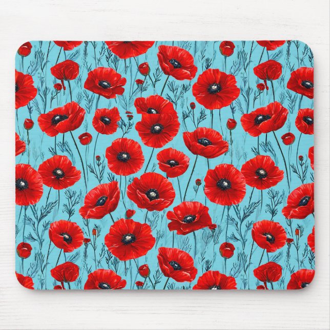Tapis De Souris Coquelicots rouges sur fond bleu (Devant)
