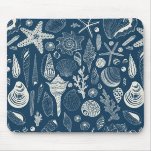 Tapis De Souris Coques de mer sur bleu foncé