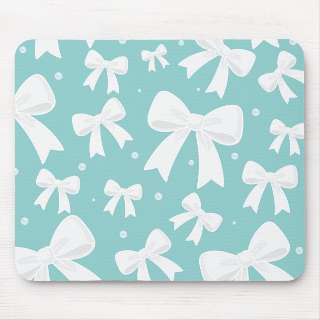 Tapis De Souris Coquette Bleue Avec Perles Et Rubans Blancs  (Devant)