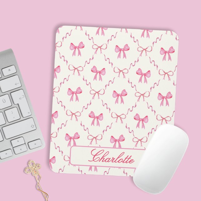 Tapis De Souris Coquette Rose Bow (sweet cute personalized pink bow coquette mousepad with custom name in elegant calligraphy script)