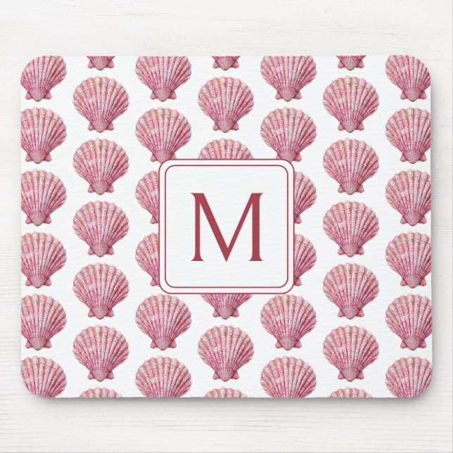 Tapis De Souris Coquillage rose côtier sur Monogramme blanc (Devant)
