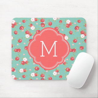 Tapis De Souris Corail et Aqua Chic Vintage Floral Imprimer Monogr