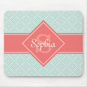 Tapis De Souris Corail monogramme et Motif diamant de menthe