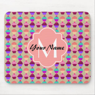Tapis De Souris Coral Cupcake Nom personnalisé, Monogramme personn