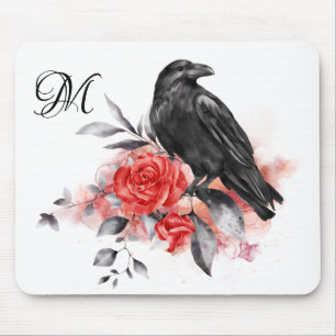 Tapis De Souris Corbeau Élégant Monogramme gothique Rose Aquarelle