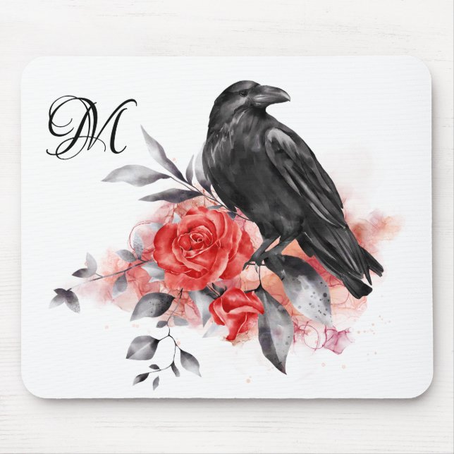 Tapis De Souris Corbeau Élégant Monogramme gothique Rose Aquarelle (Devant)