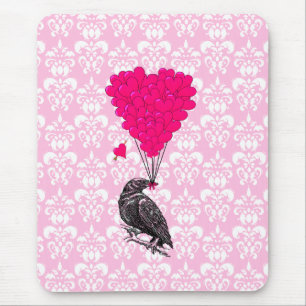 Tapis De Souris Corbeau et cœur sur damas rose