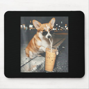 Tapis De Souris Corgi buvant du café glacé mème animal drôle corgi