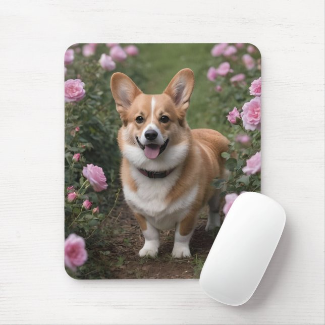 Tapis De Souris Corgi Dans Les Roses Rose, (Avec souris)