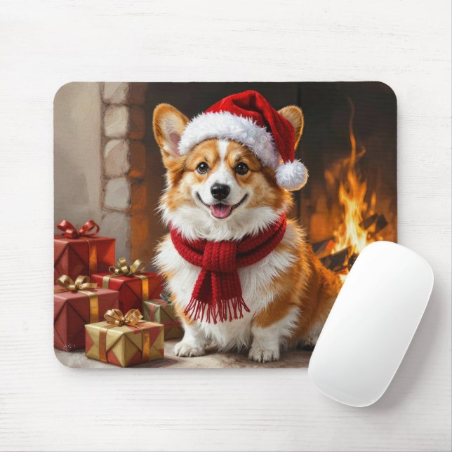 Tapis De Souris Corgi de Noël au coin du feu (Avec souris)