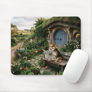 Tapis De Souris Corgi lisant le journal local dans le jardin