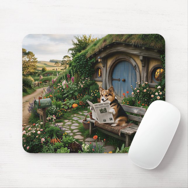 Tapis De Souris Corgi lisant le journal local dans le jardin (Avec souris)