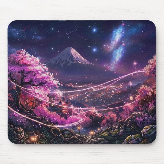 Tapis De Souris Cosmic Mount Fuji & Sakura Night Mouse Pad - Anime (Devant)