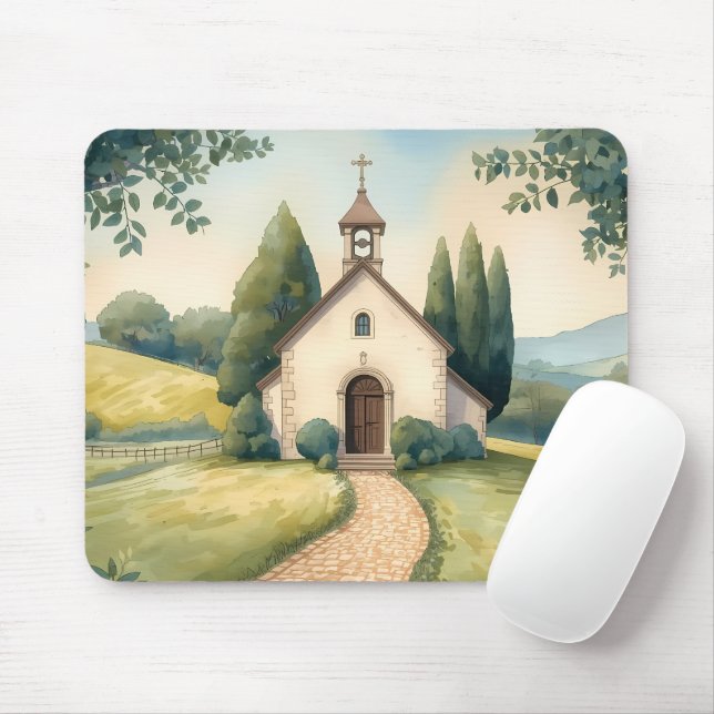 Tapis De Souris Cottagecore Chapel Path Pastel Landscape (Avec souris)