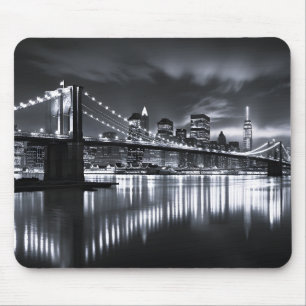 Tapis De Souris Coucher de New York Pont de Brooklyn Monochrome Nu
