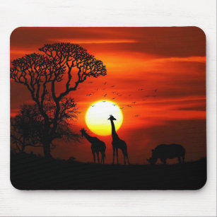 Tapis De Souris Coucher de soleil africain avec Giraffes