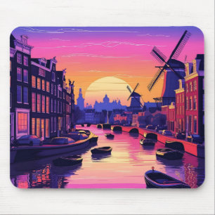 Tapis De Souris Coucher de soleil coloré à Amsterdam – Canal néerl