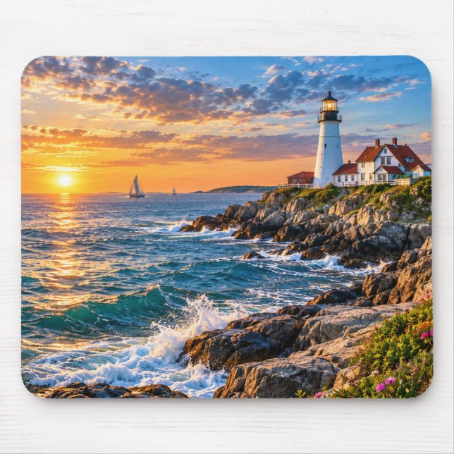 Tapis de souris coucher de soleil côtier avec phar (Devant)