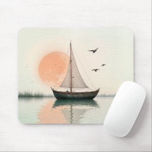 Tapis De Souris Coucher De Soleil De Bateau Avec Mouettes
