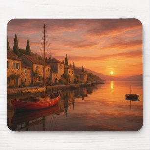 Tapis De Souris Coucher De Soleil Doré Sur Le Village Côtier