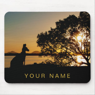 Tapis De Souris Coucher de soleil noir et or Kangaroo Tree Silhoue