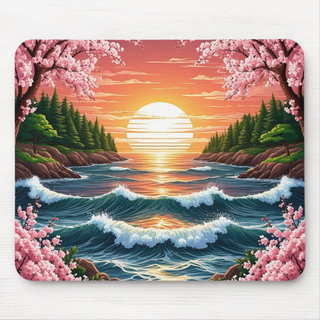 Tapis De Souris Coucher de soleil vibrant sur les vagues de l'océa (Devant)