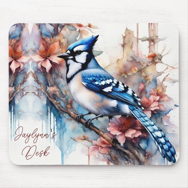 Tapis De Souris Couleur d'aquarelle Blue Jay Cherry Blossoms *Pers (Devant)