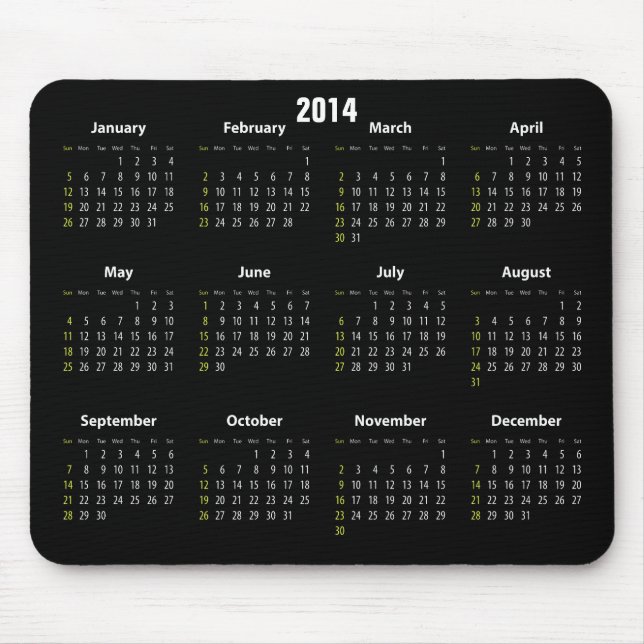 Tapis De Souris couleur noire du calendrier 2014 (Devant)