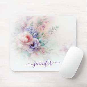 Tapis De Souris Couleurs pastel Aquarelle Floral Typographie Nom