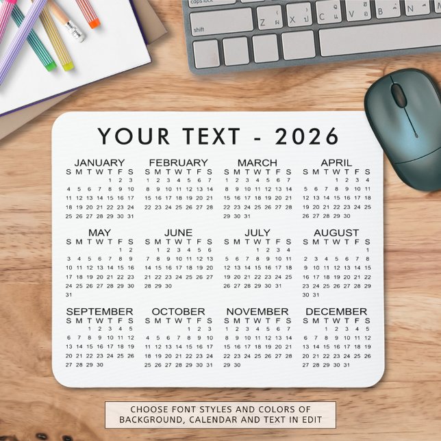 Tapis De Souris Couleurs personnalisées simples du calendrier 2026 (Créateur téléchargé)