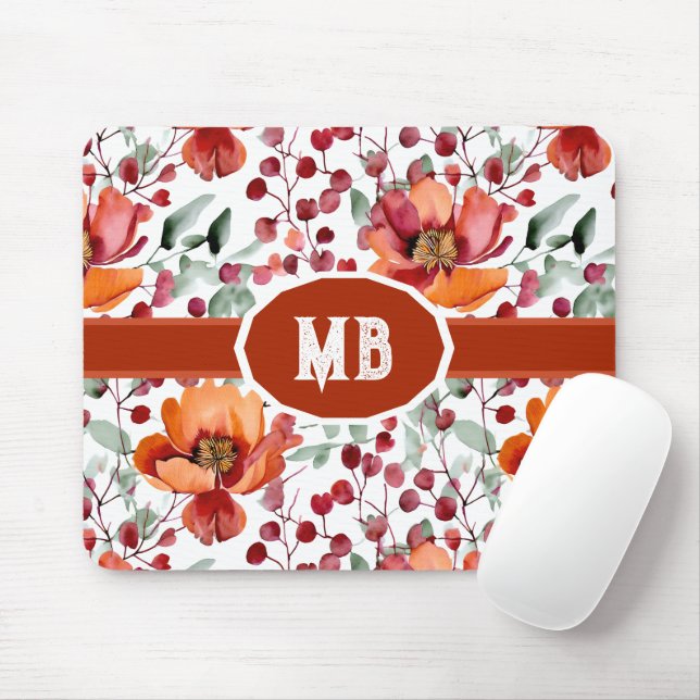 Tapis De Souris Couleurs Terreuses, Fleurs d'Automne Monogrammées (Avec souris)
