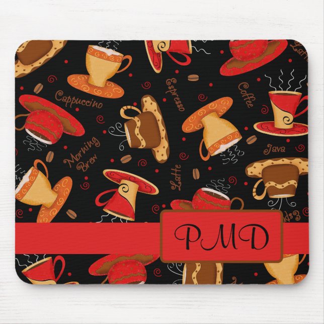 Tapis De Souris Coupes de café rouge et noir Monogramme Personnali (Devant)