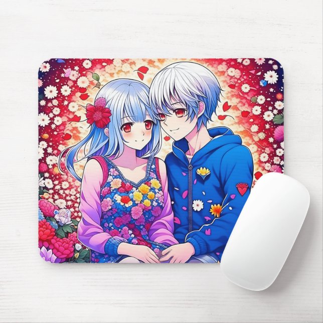 Tapis De Souris Couple Anime mignon, Fleurs et Coeurs (Avec souris)