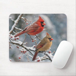 Tapis De Souris Couple de cardinaux sur une branche d'arbre en hiv