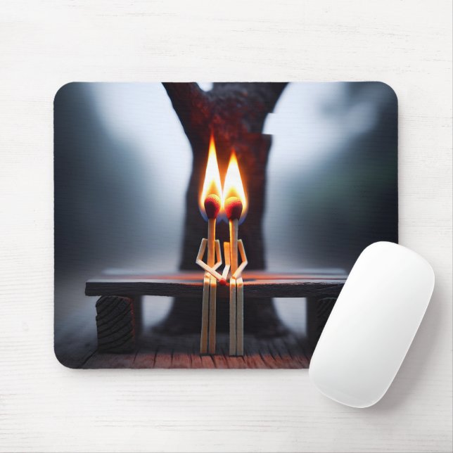 Tapis De Souris Couple de matchstick sur un banc avec flammes (Avec souris)