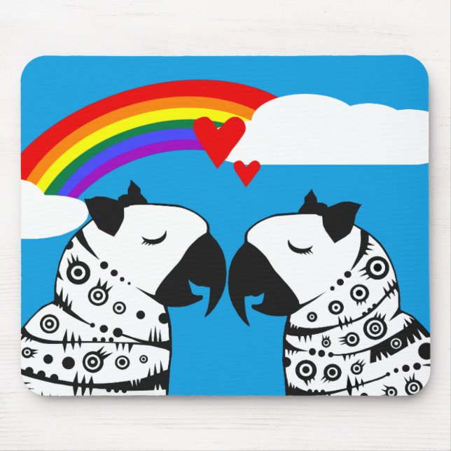Tapis De Souris Couple de perroquets lesbiennes avec arc-en-ciel (Devant)