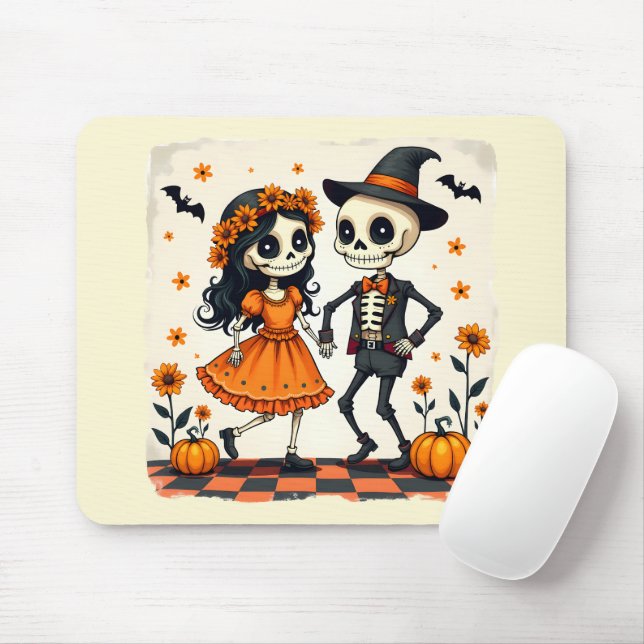 Tapis De Souris Couple de squelette d'Halloween mignon en orange (Avec souris)