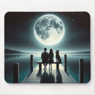 Tapis De Souris Couple et chien sous une Pleine lune