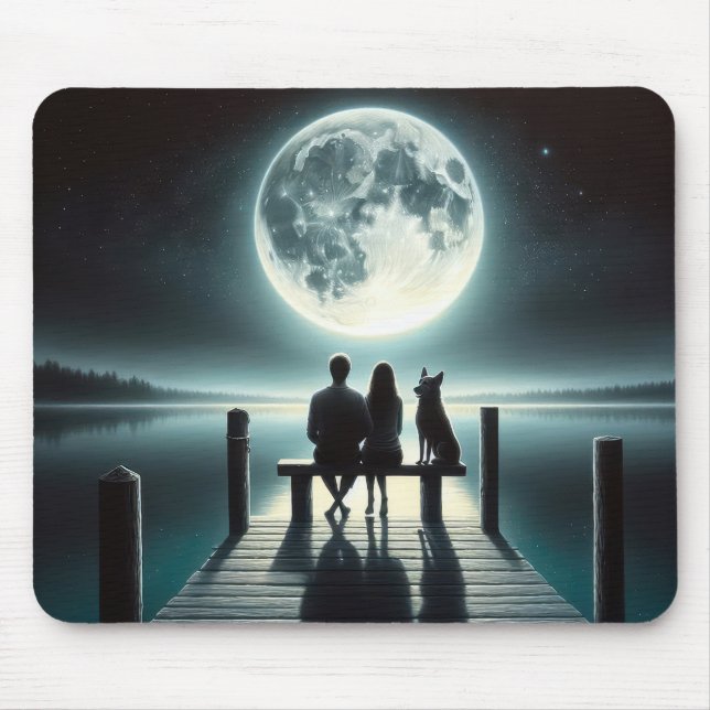 Tapis De Souris Couple et chien sous une Pleine lune (Devant)